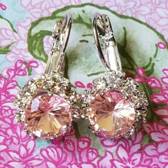 Pink Crystal Leverback Earrings - Picture 2 of 3